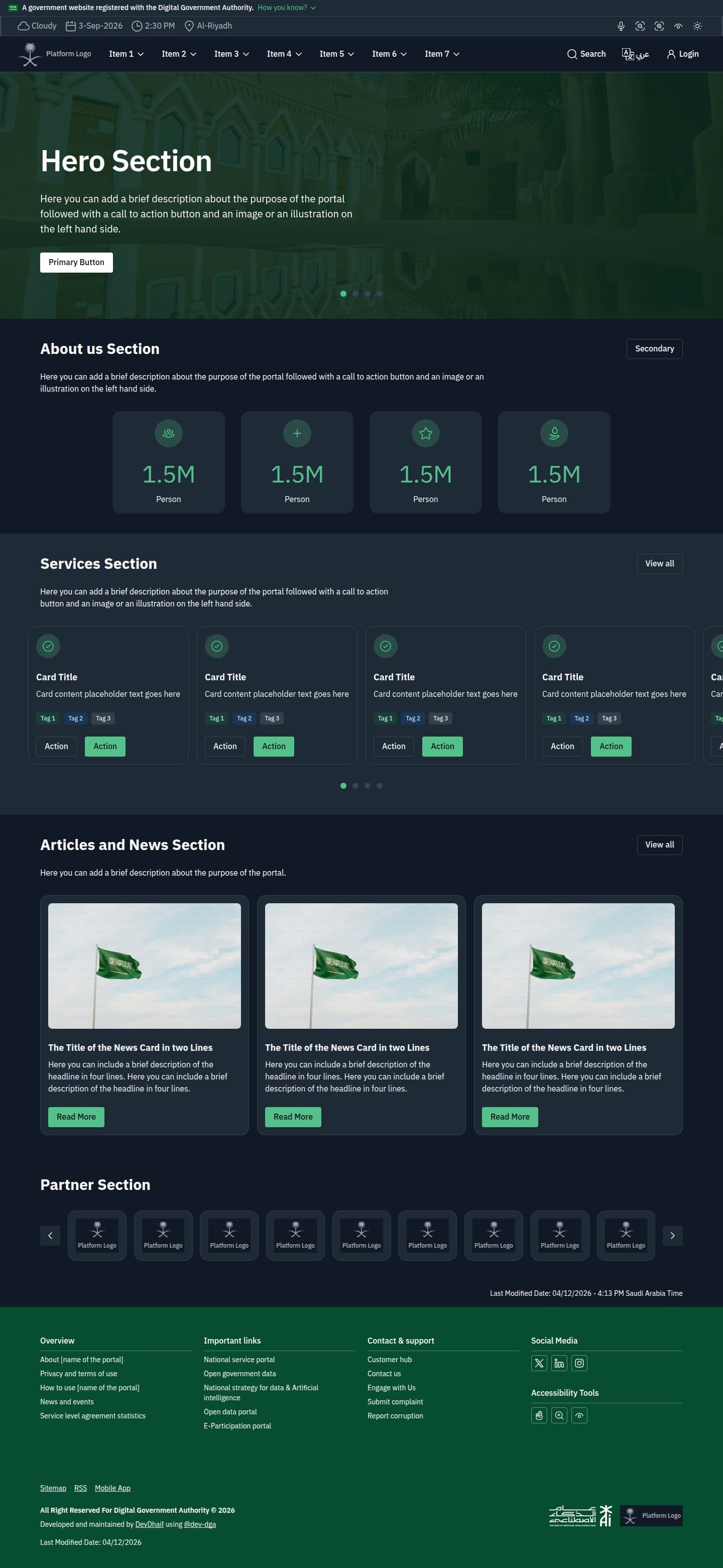 The DGA home page template in English and dark mode: hero, about, services, news, and partners sections.