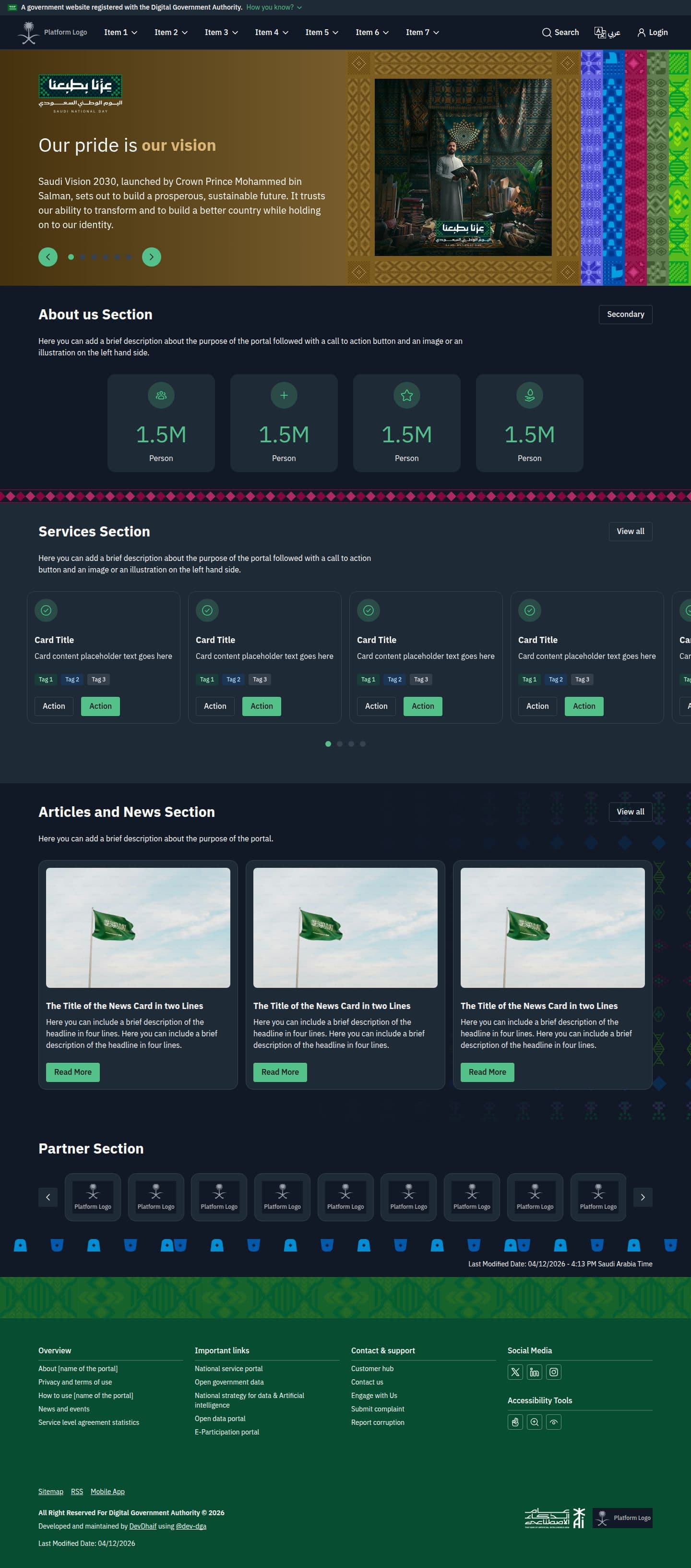 The Saudi National Day template in English and dark mode: the card deck hero, about, and services sections.